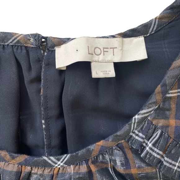 LOFT Metallic Navy Plaid Ruffle Short Sleeve Top, L - Picture 11 of 12